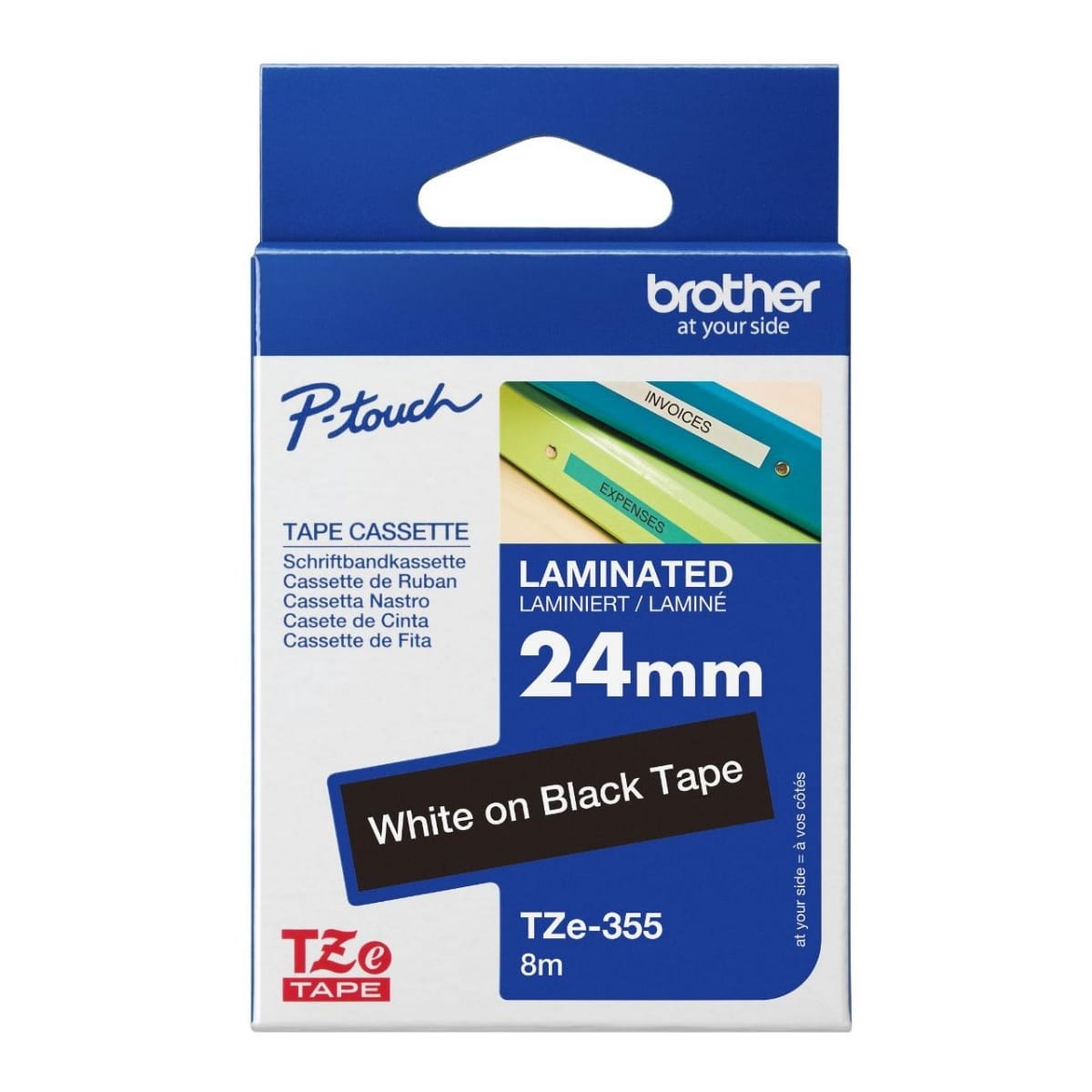 Brother TZe-355 White on Black 24mm Laminated Label Tape