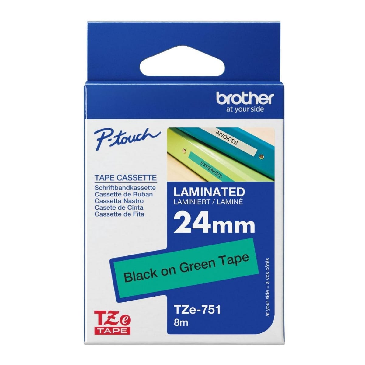 Brother TZe-751 24mm Black on Green Laminated Label Tape 8m