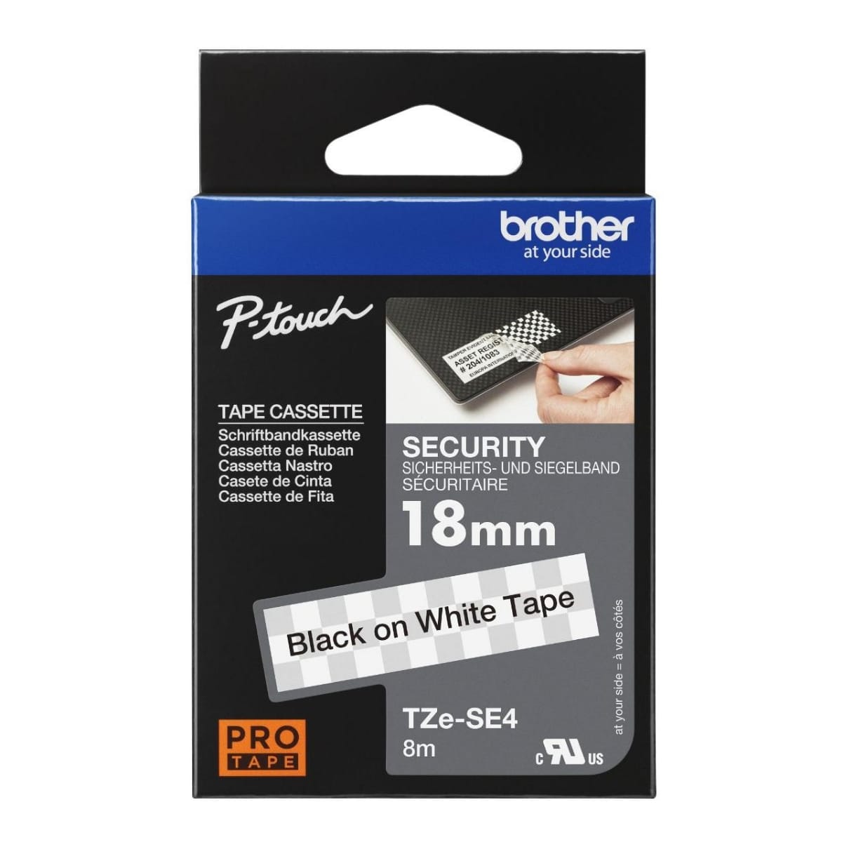 Brother TZe-SE4 18mm Security Tamper Evident Label Tape Black on White 8m